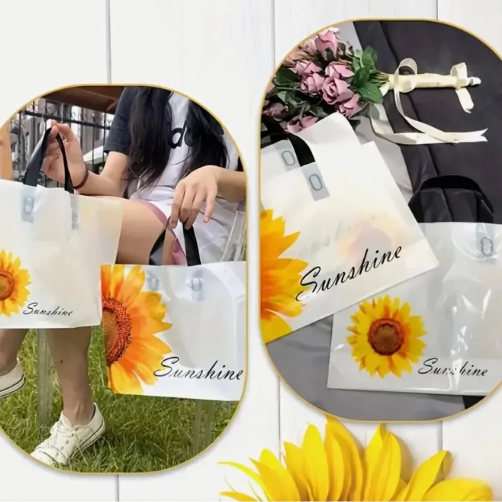 Sunshine Sunflower Plastic Tote Bags - 10 pcs